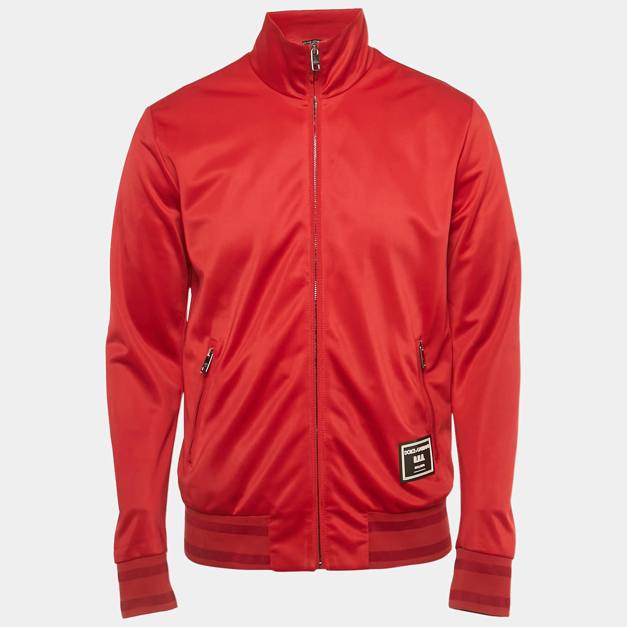 Pre Owned Dolce & Gabbana Red Jersey Logo Applique Zip-Up Jacket M