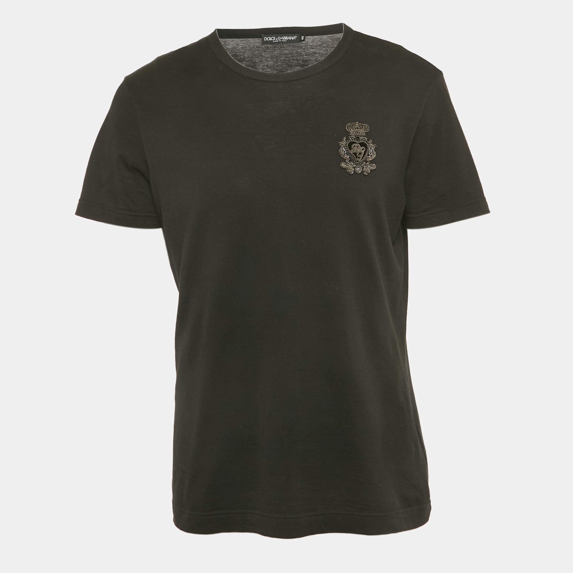 Pre Owned Dolce & Gabbana Black Cotton Logo Patch Detail Crew Neck T-Shirt M