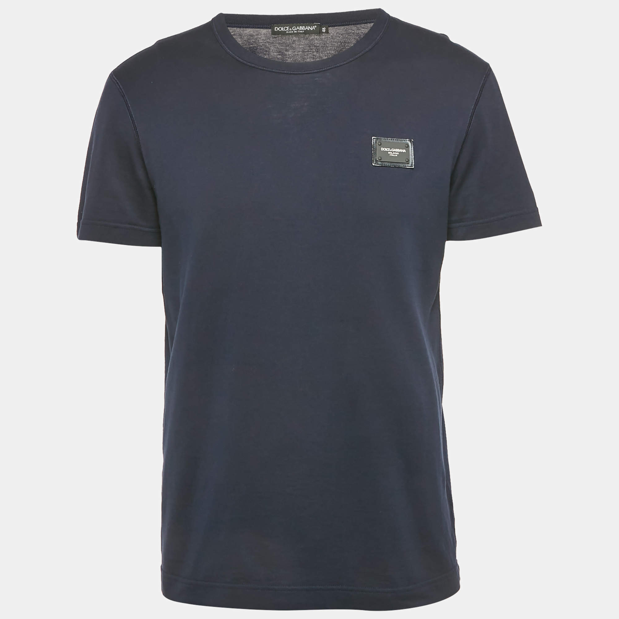 Pre Owned Dolce & Gabbana Navy Blue Logo Plaque Detail Cotton Crew Neck T-Shirt M