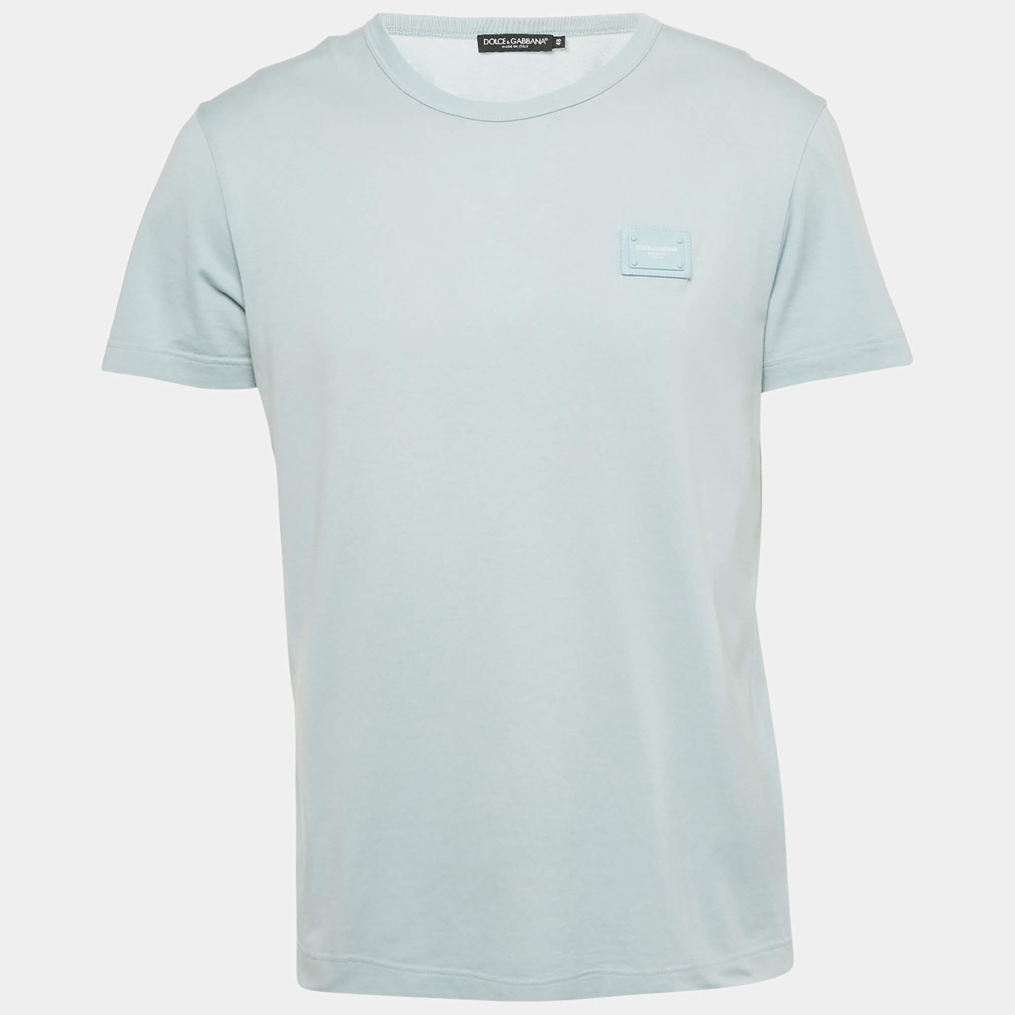 Pre Owned Dolce & Gabbana Light Blue Logo Plaque Detail Cotton Crew Neck T-Shirt M