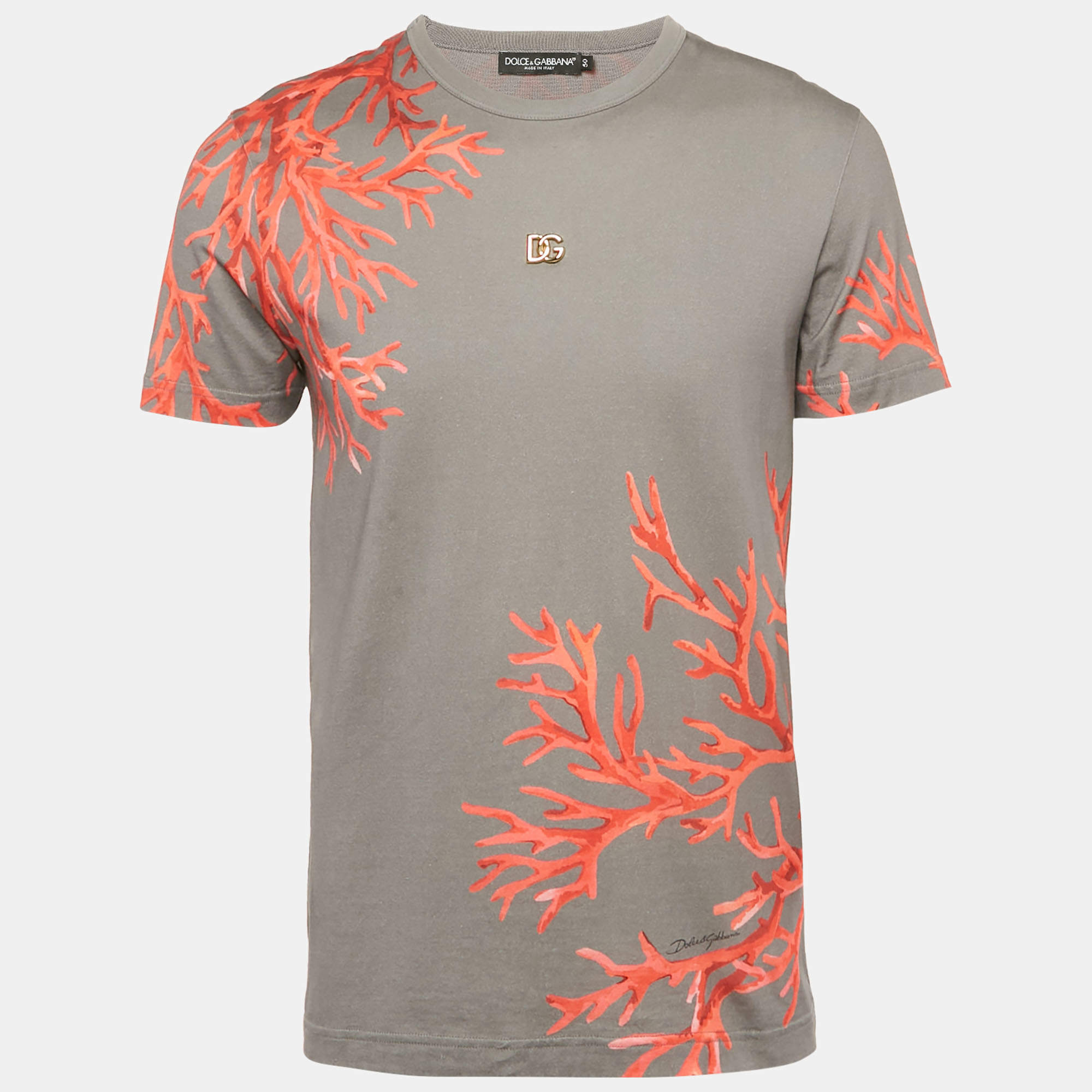 Pre Owned Dolce & Gabbana Grey Coral Print Cotton Crew Neck T-Shirt L