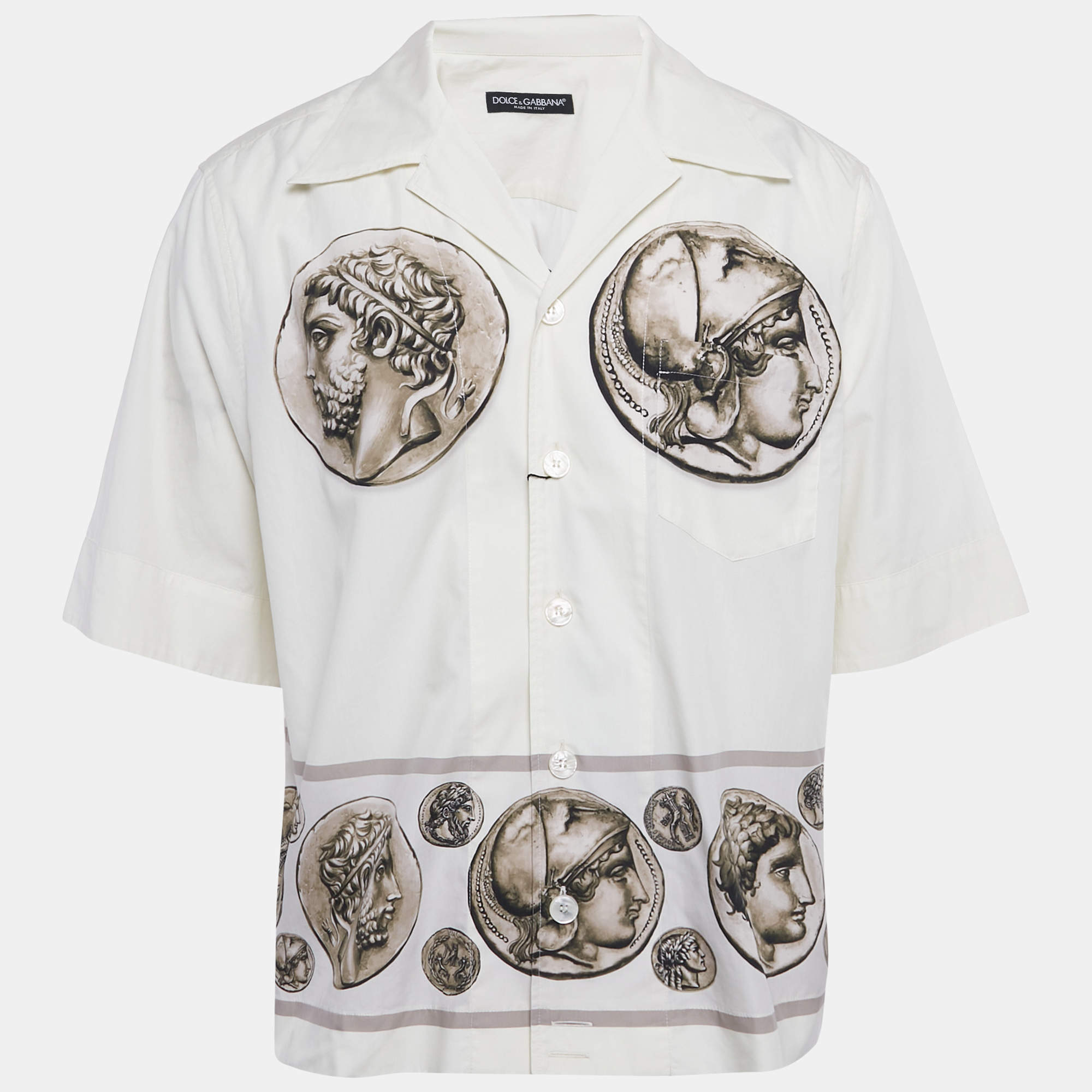 Pre Owned Dolce & Gabbana Off-White Coin Print Cotton Hawaiian Shirt L