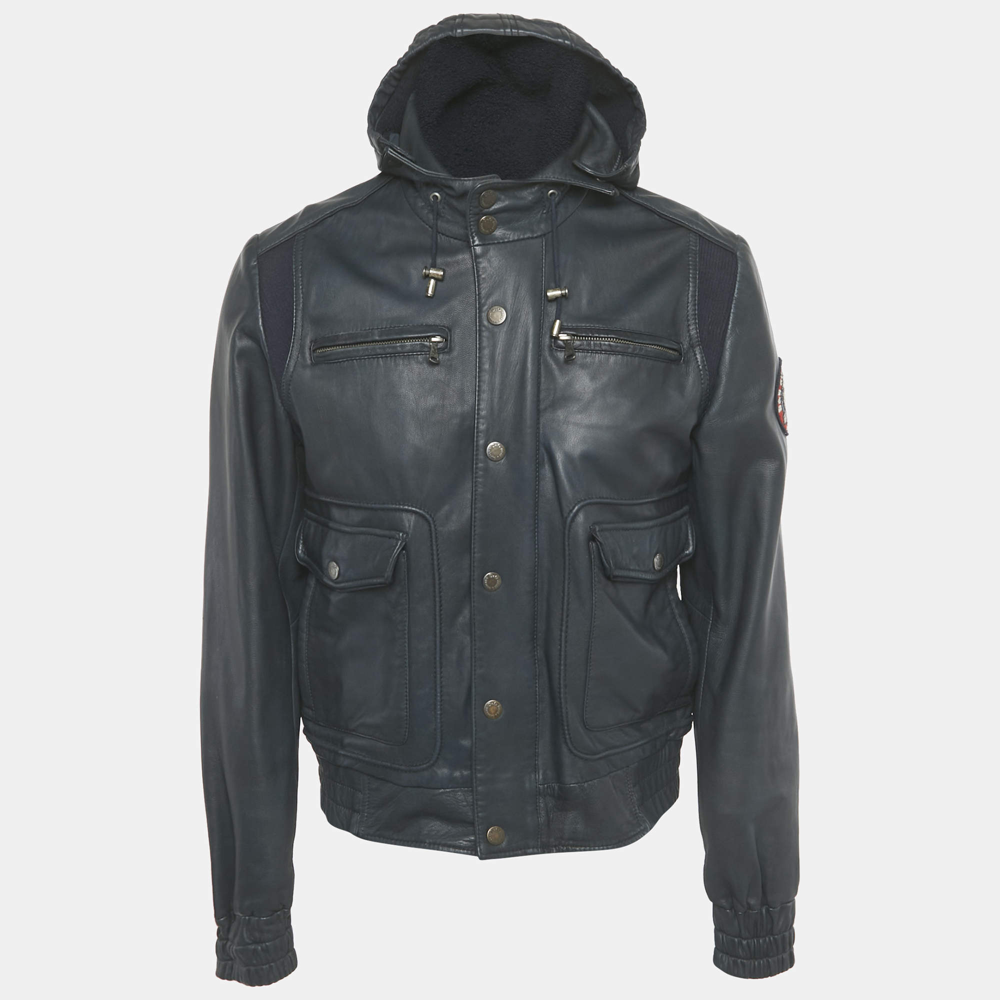 Pre Owned Dolce & Gabbana Navy Blue Applique Detail Leather Hooded Jacket L