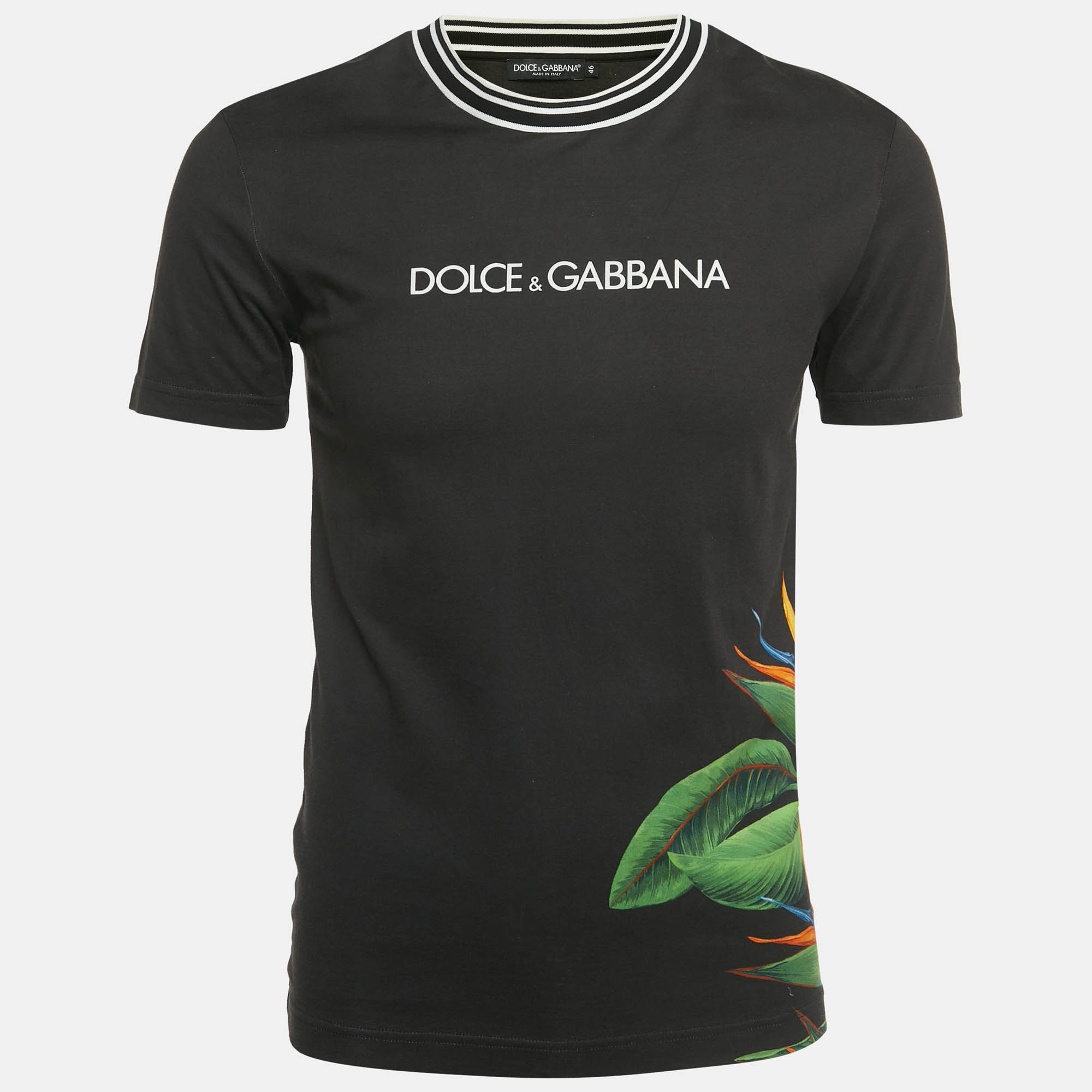 Pre Owned Dolce & Gabbana Black Bird of Paradise Print Cotton Crewneck T-Shirt S