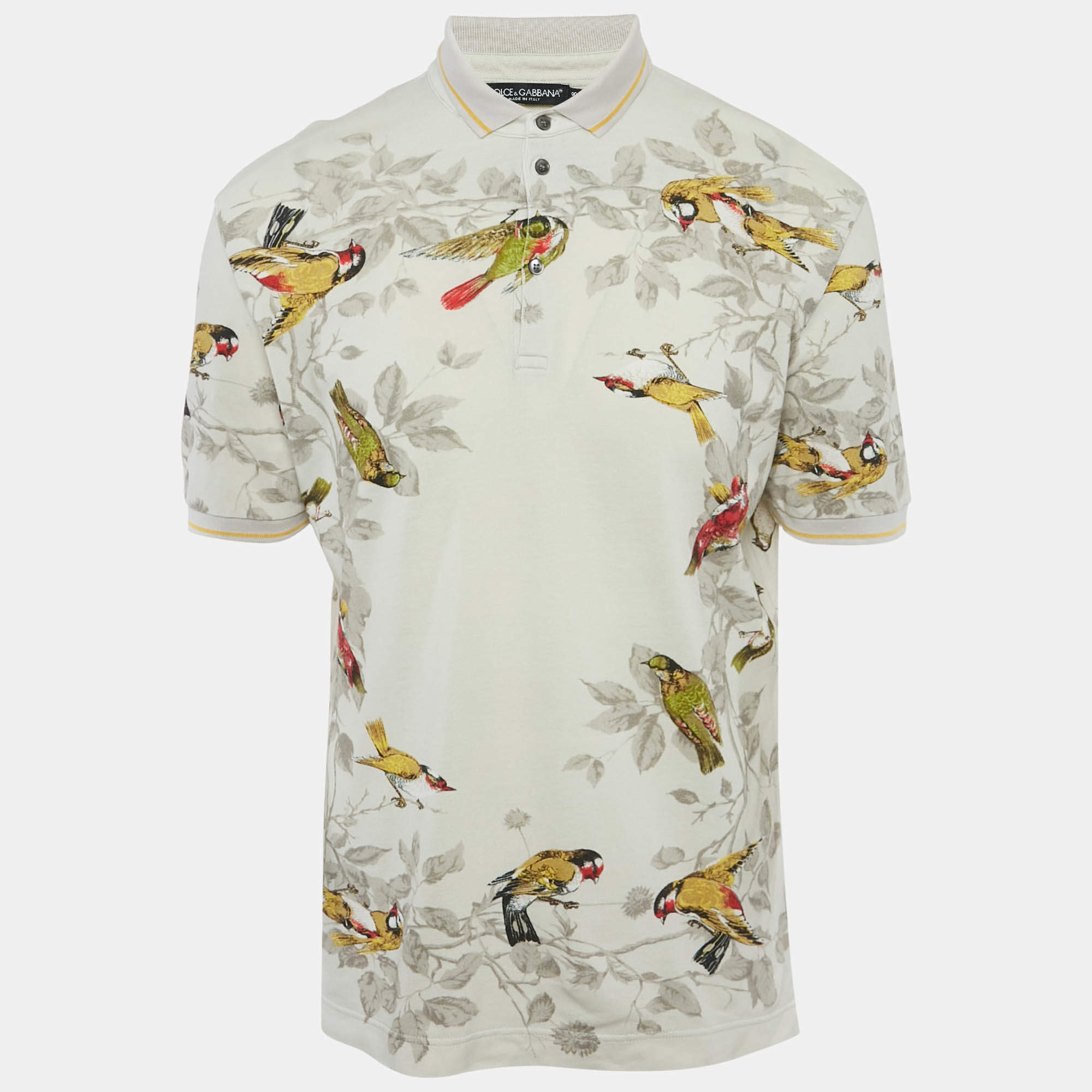 Pre Owned Dolce & Gabbana Light Grey Bird Print Cotton Pique Polo T-Shirt M