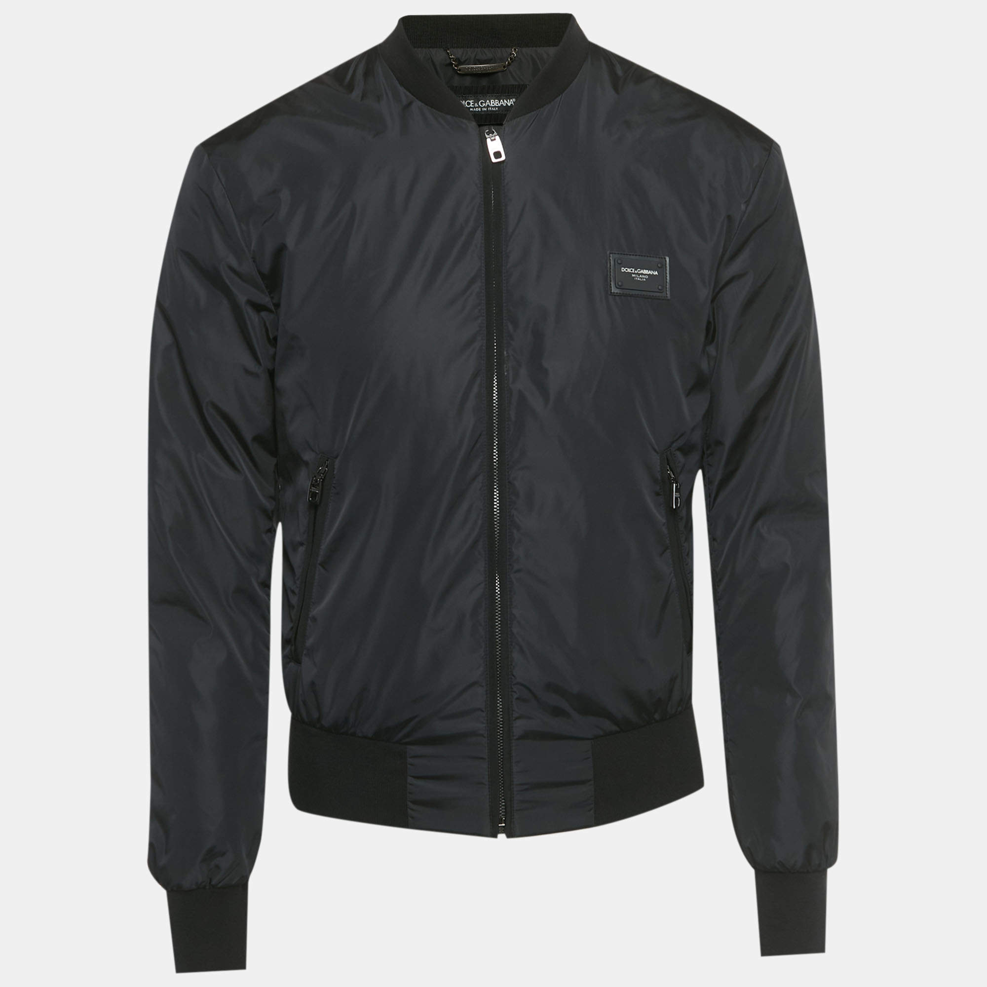Pre Owned Dolce & Gabbana Black Nylon Logo Plaque Bomber Jacket XS