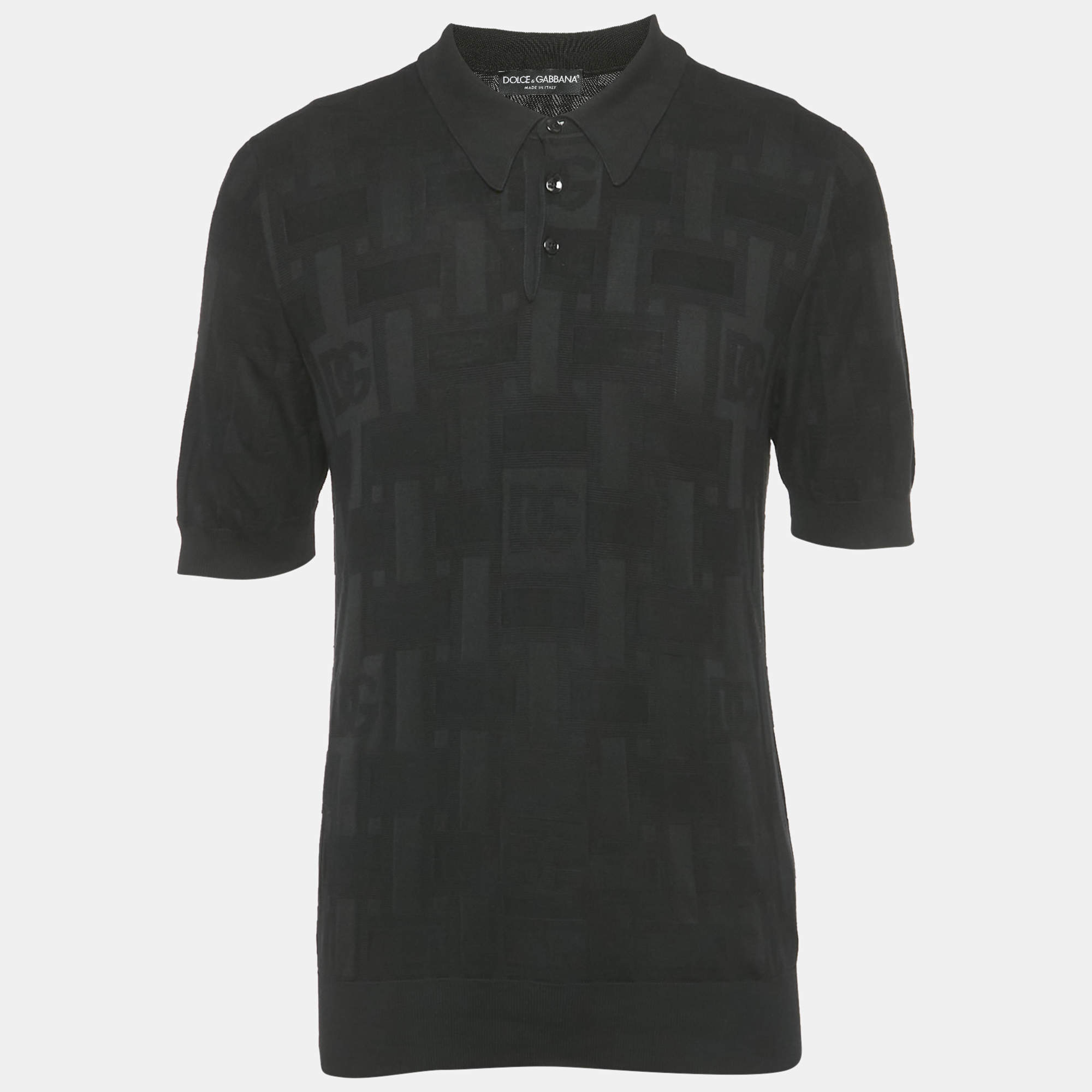 Pre Owned Dolce & Gabbana Black Patterned Silk Jersey Polo T-Shirt XL