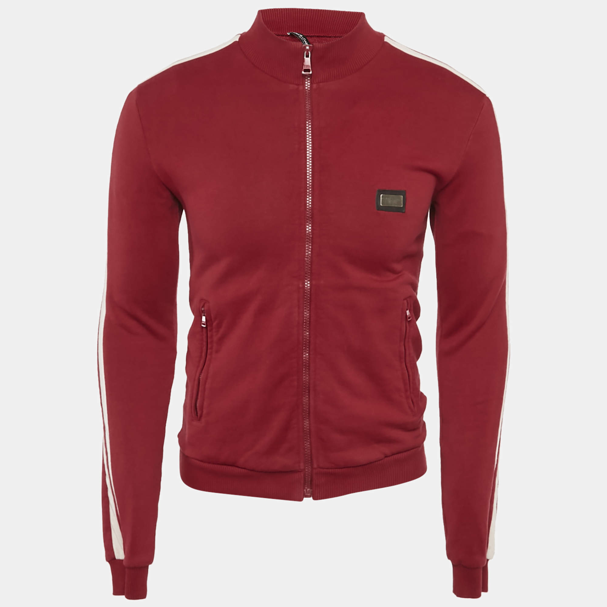 Pre Owned Dolce & Gabbana Red Cotton Logo Applique Zip -Up Jacket XS 