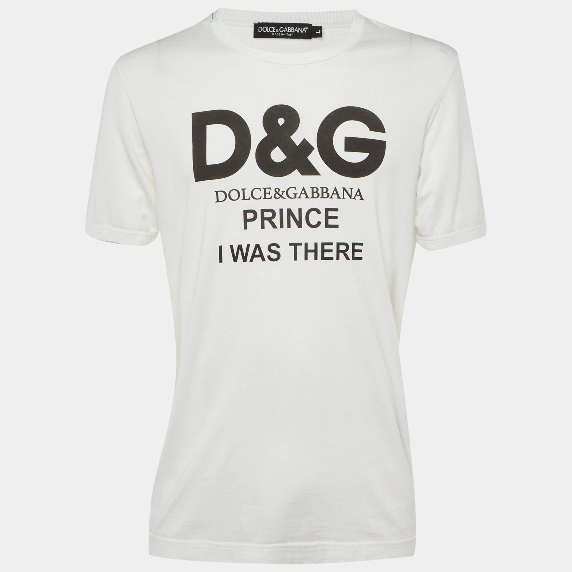 Pre Owned Dolce & Gabbana White Prince I Was There Print Cotton Crew Neck T-Shirt L
