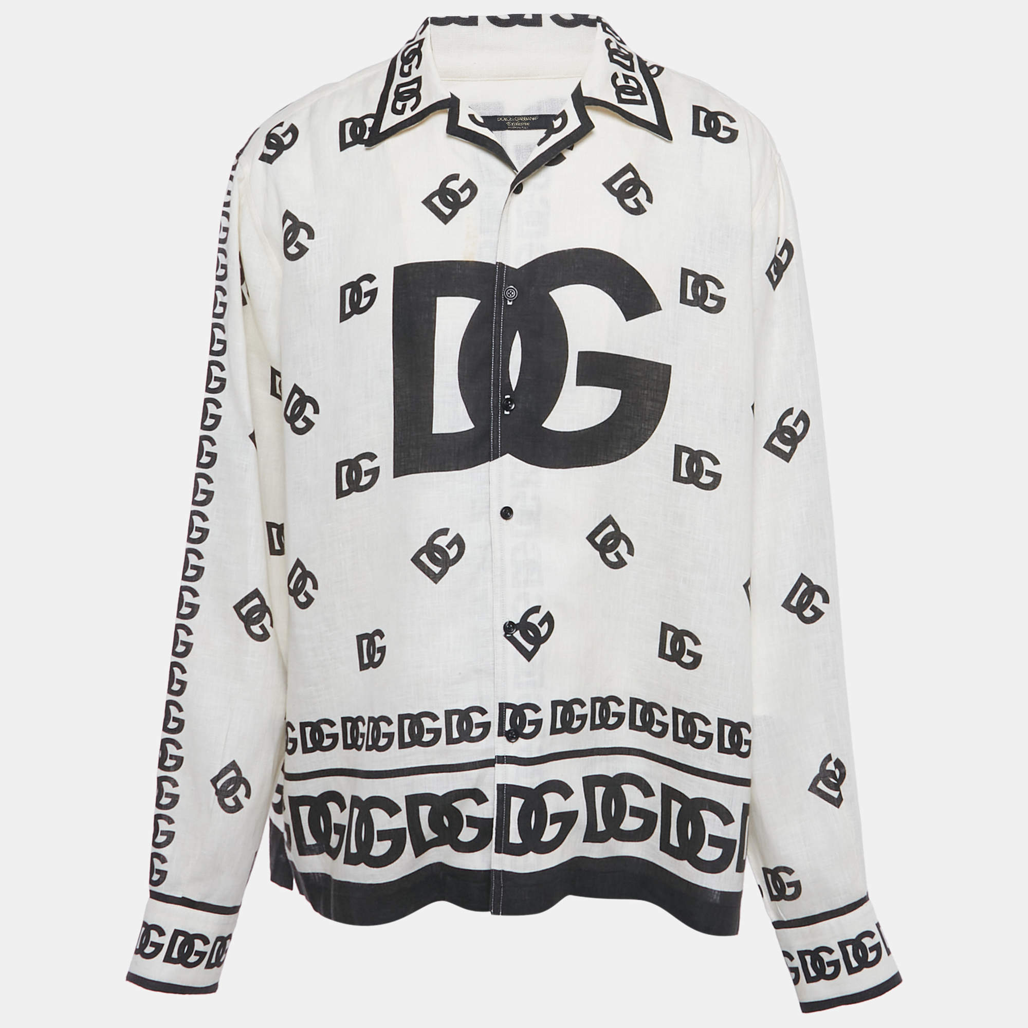 مملوكة مسبقًا Dolce & Gabbana Off White Logo Print Linen Long Sleeve Shirt XS 