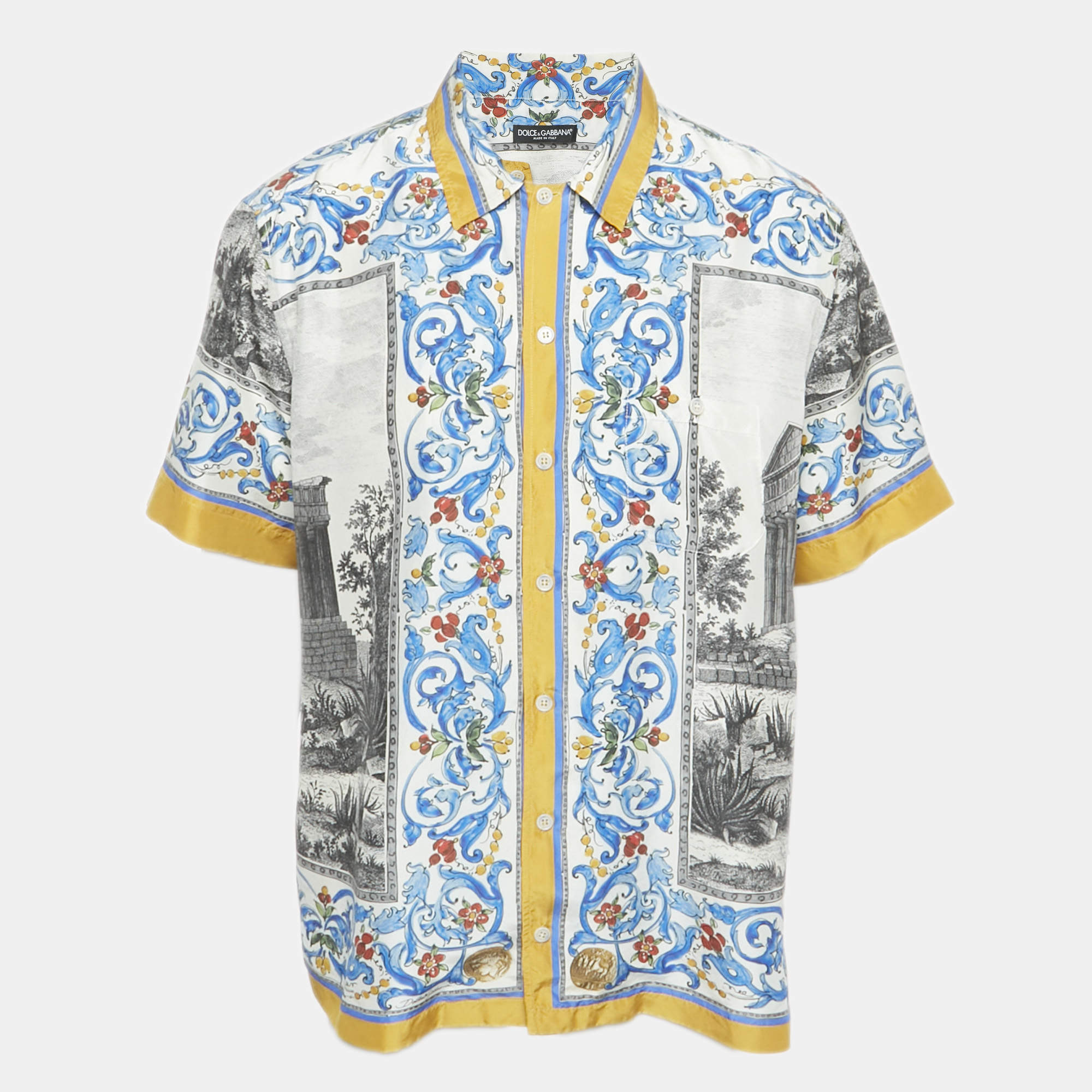 Pre Owned Dolce & Gabbana Blue Printed Silk Short Sleeve Shirt XL