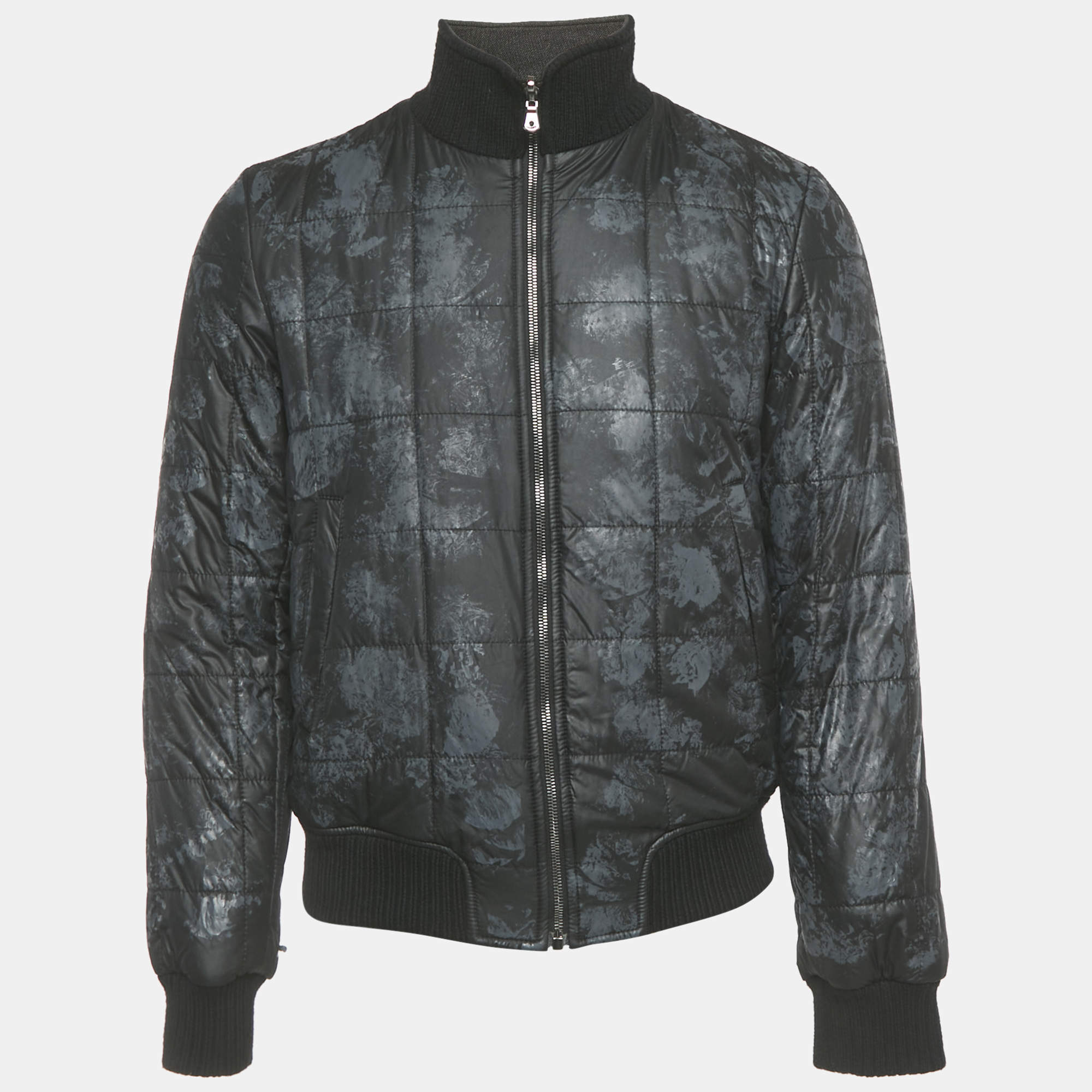 Pre Owned Dolce & Gabbana Black Printed Synthetic & Cotton Knit Bomber Jacket XS