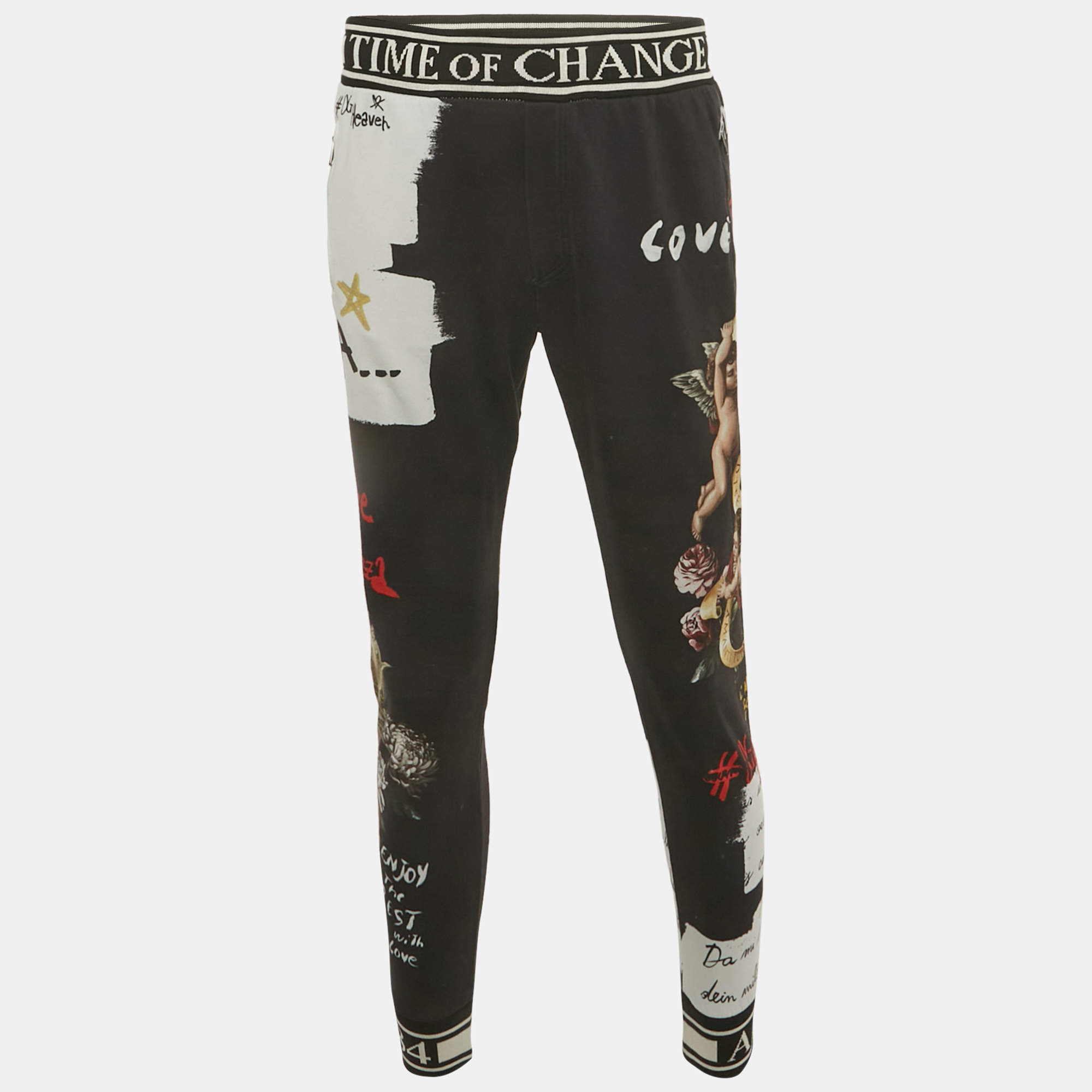 Pre Owned Dolce & Gabbana Black Printed Cotton Jogger Pants L