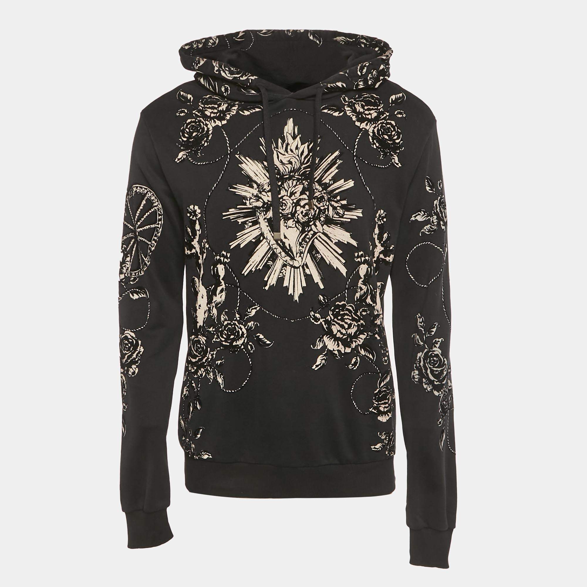 Pre Owned Dolce & Gabbana Black Floral Flocked Cotton Hoodie M