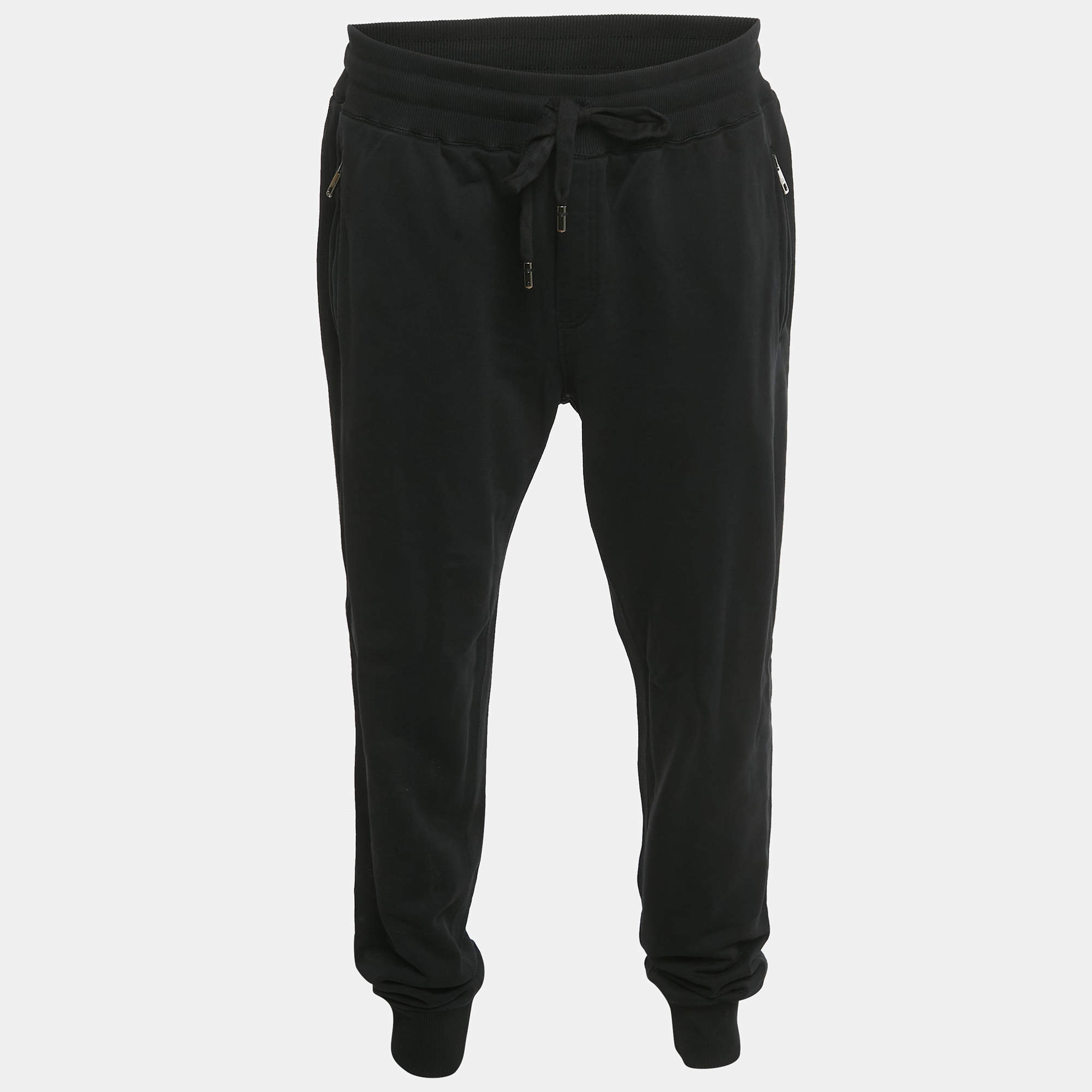 Pre Owned Dolce & Gabbana Black Logo Plaque Cotton Sweatpants 4XL