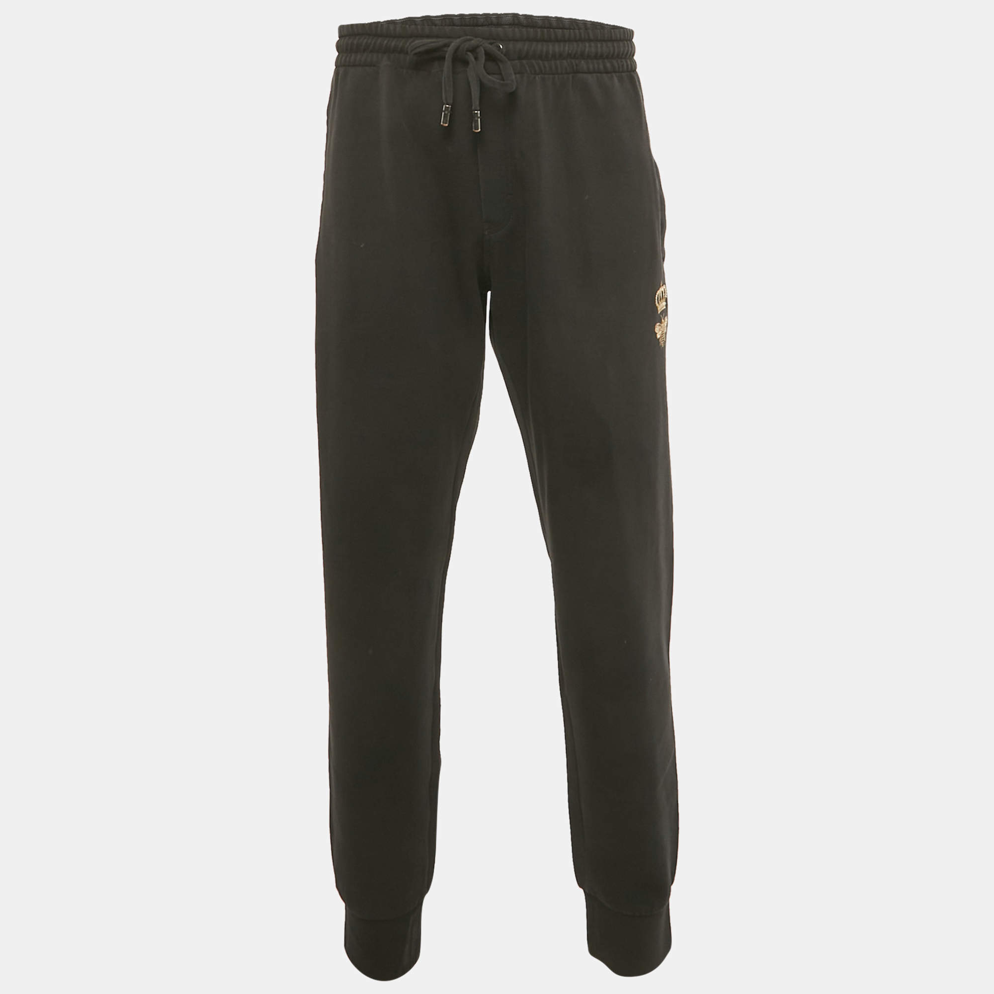 Pre Owned Dolce & Gabbana Black Crown Embroidered Cotton Jogger Pants XXXL