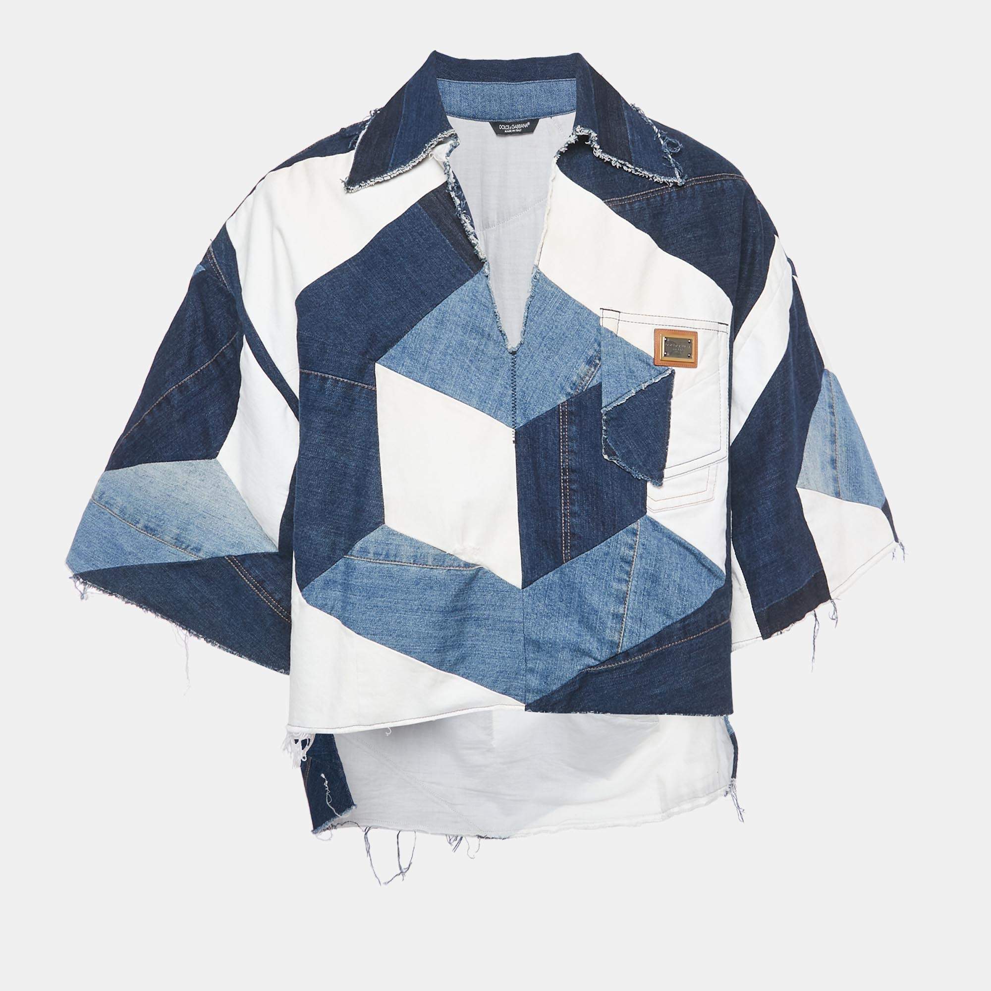 Pre Owned Dolce & Gabbana Blue Denim Patch Work Oversized Shirt S