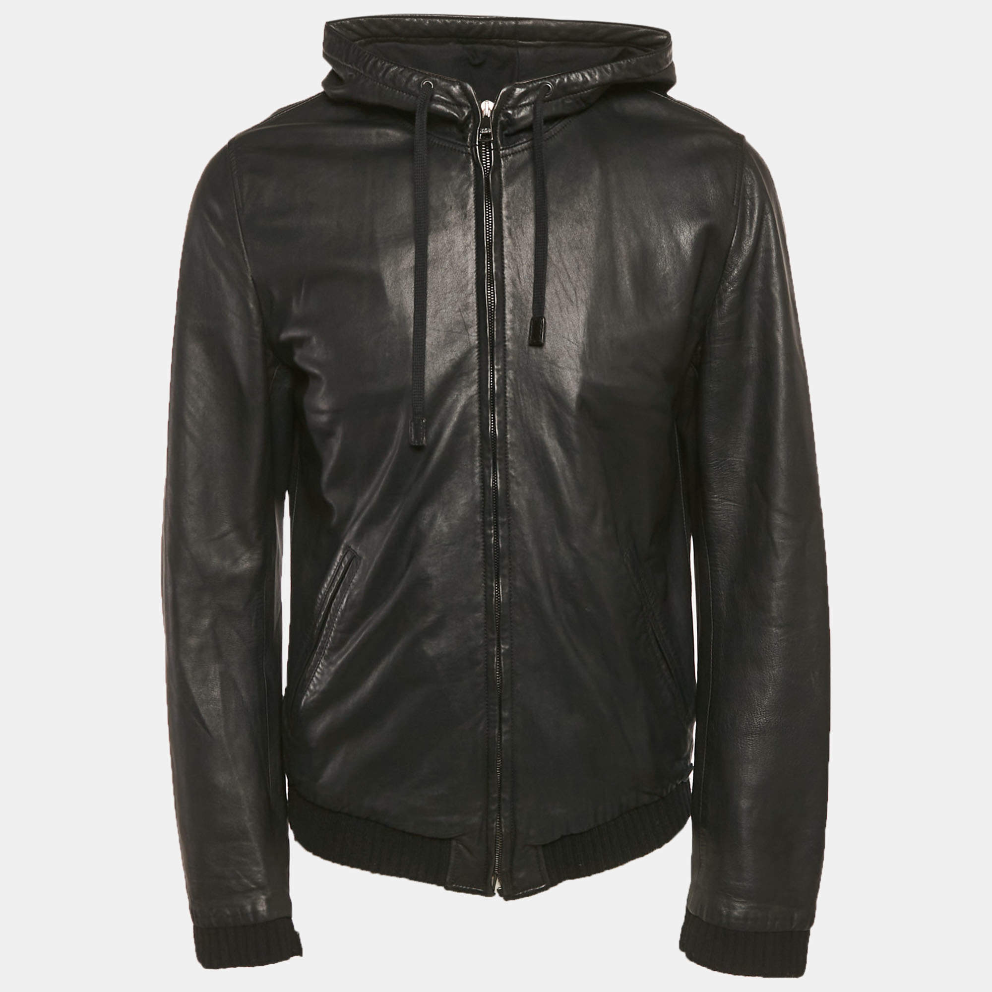 مملوكة مسبقًا Dolce & Gabbana Black Leather Hooded Zip Up Bomber Jacket XL