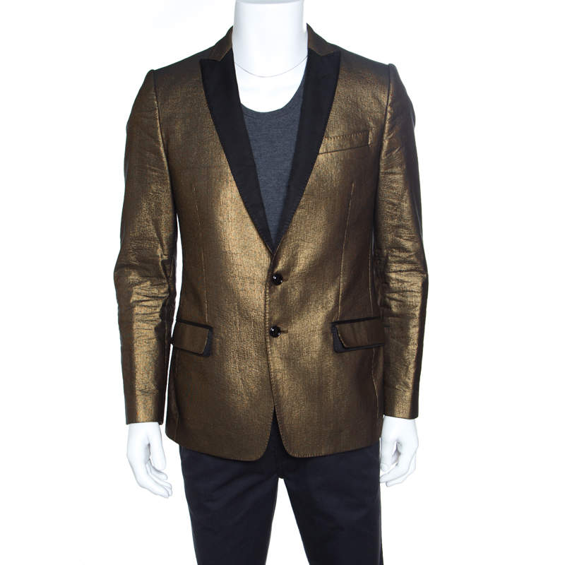 Dolce & Gabbana Gold Textured Contrast Lapel Detail Tailored Blazer L
