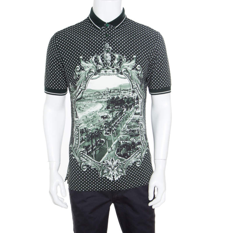 Pre Owned Dolce & Gabbana Green and White Printed Polka Dotted Knit Polo T-Shirt M