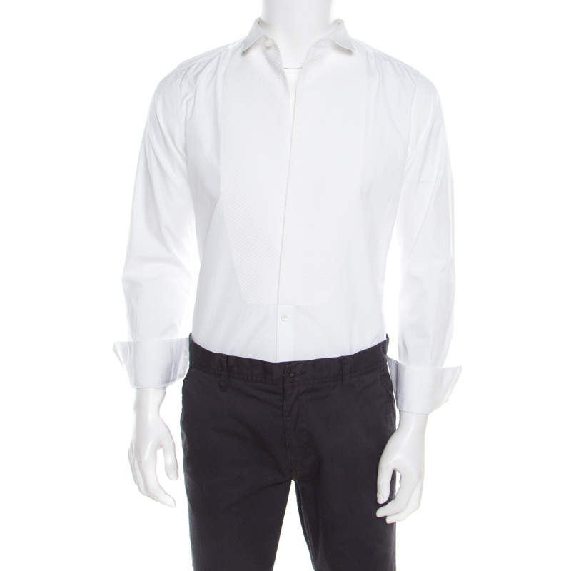 مملوكة مسبقًا Dolce & Gabbana Gold Optic White Cotton Textured Bib Detail Tuxedo Shirt M