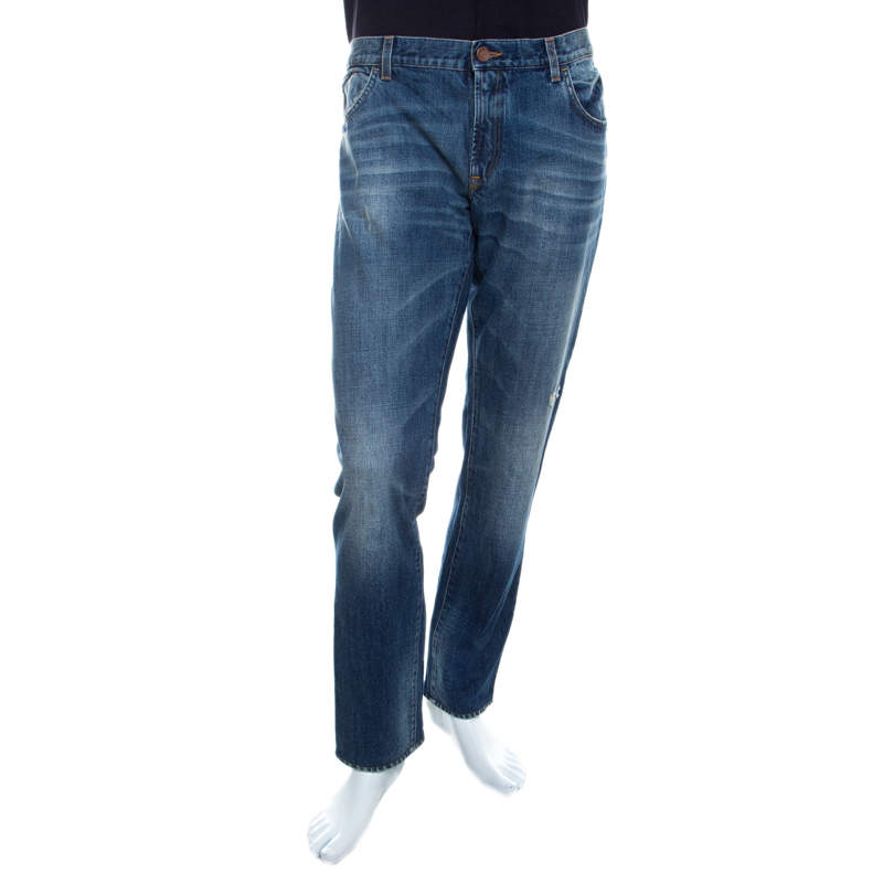مملوكة مسبقًا Dolce & Gabbana 14 Gold Indigo Light Wash Denim Distressed Straight Jeans XL 
