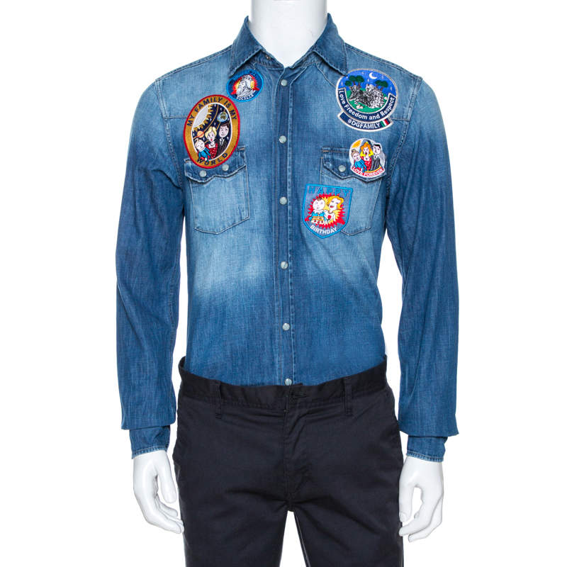 Pre Owned قميص دولتشي أند غابانا رقعة Customised  دينم إنديغو ذهبي M