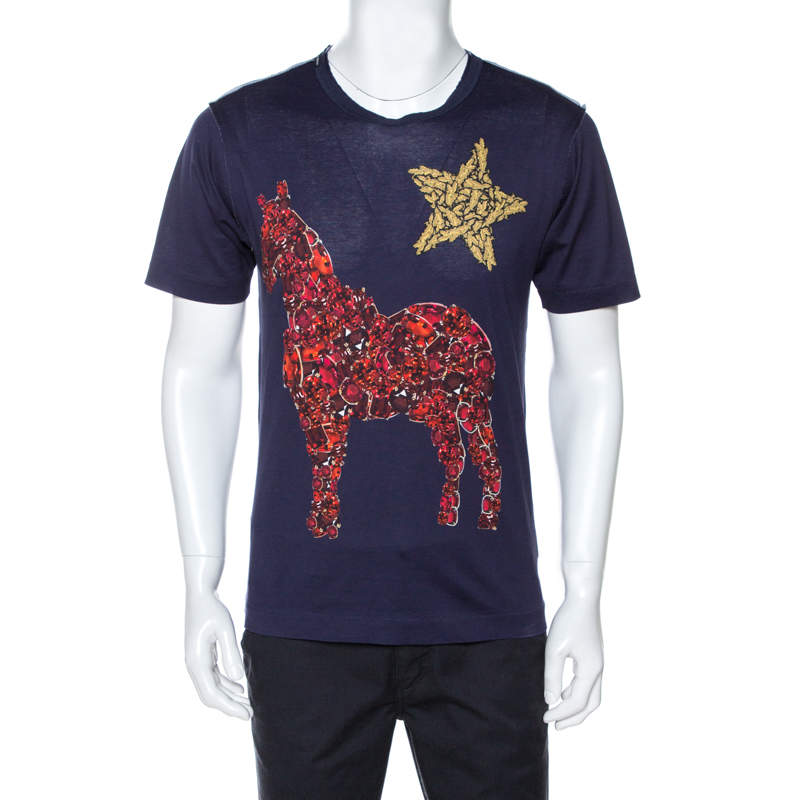 Dolce & Gabbana Navy Blue Crystal Horse Print Cotton T-Shirt XS