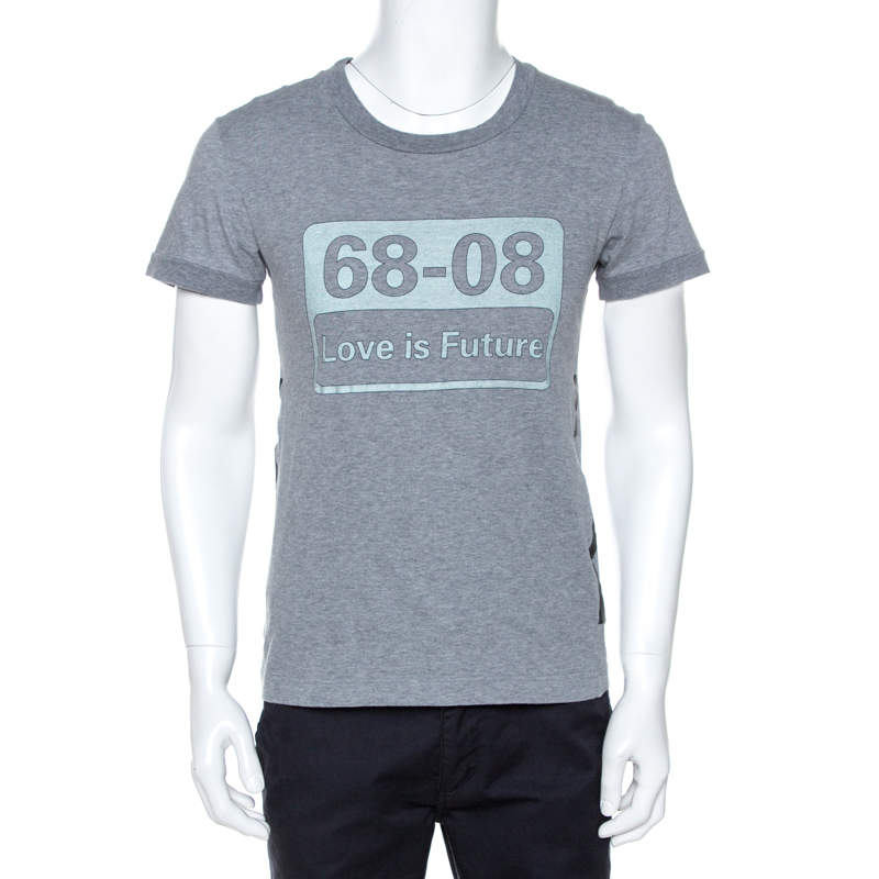 Dolce & Gabbana Grey Graphic Print Cotton Stripe Detail T