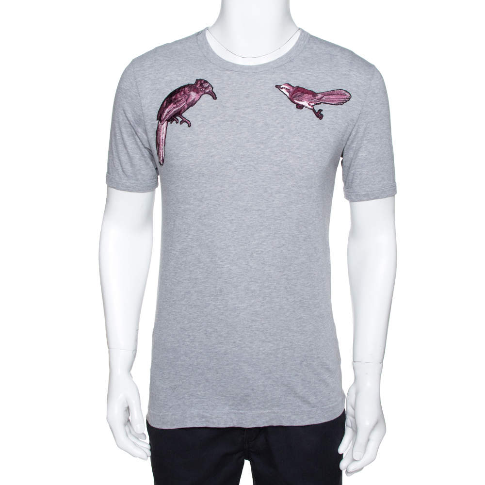 Dolce & Gabbana Grey Cotton Bird Embroidered Crew Neck T Shirt M