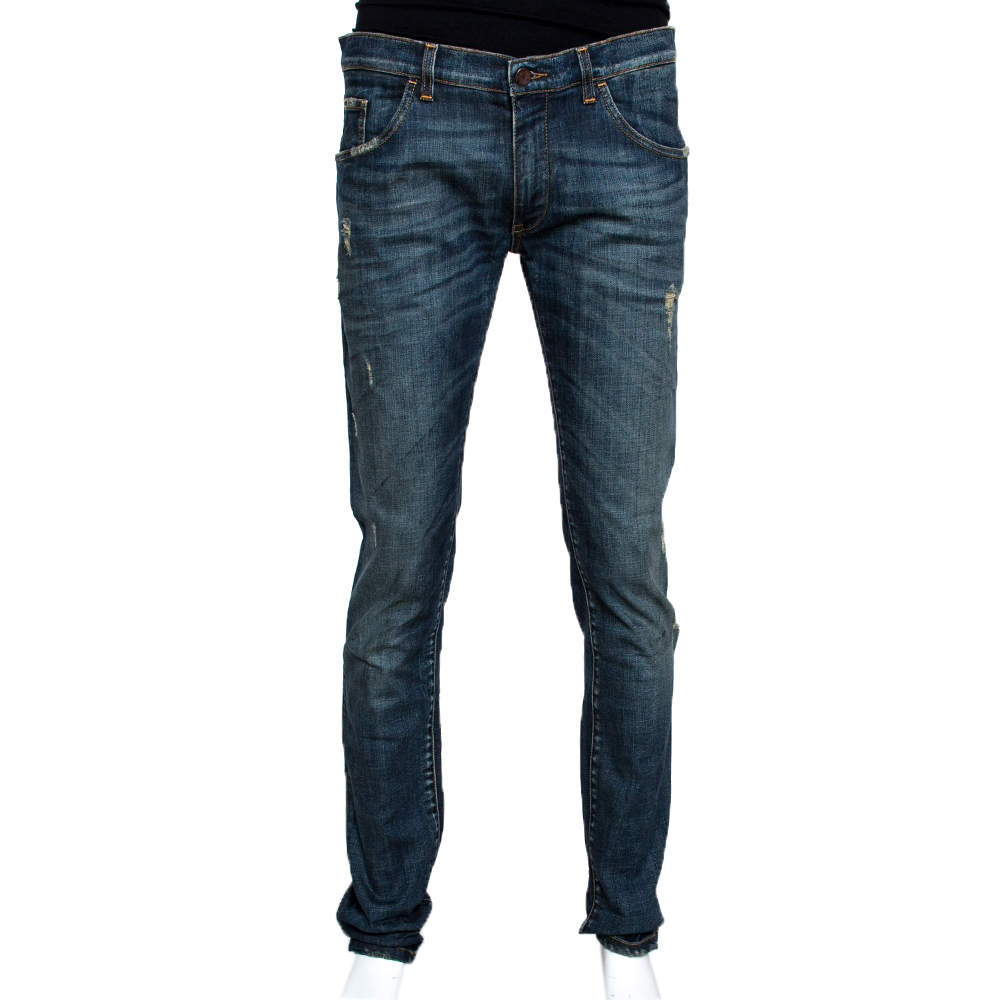 Pre Owned بنطلون جينز دولتشي أند غابانا ممزق دنيم نمط باهت أزرق 14 مقاس كبير جداً (اكس لارج)