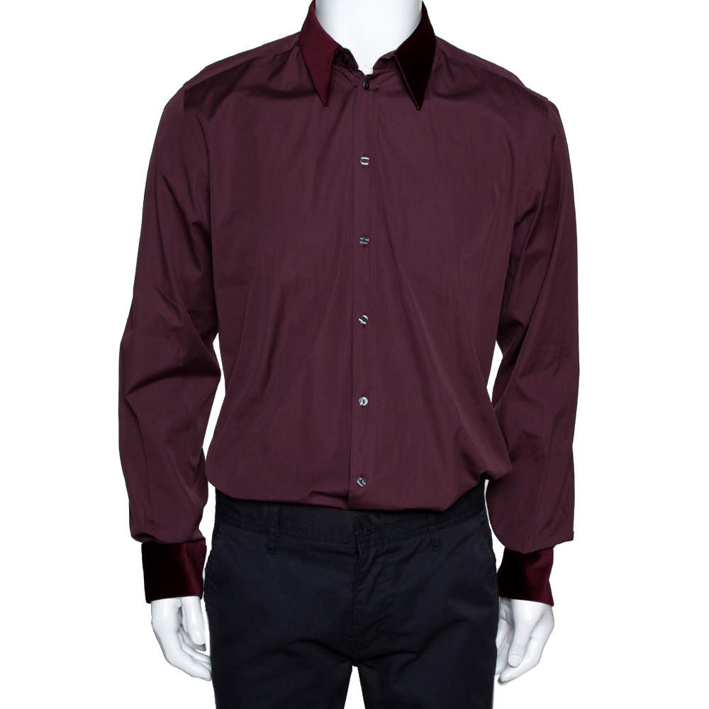 Dolce & Gabbana Burgundy Cotton Velvet Collar Martini Shirt L