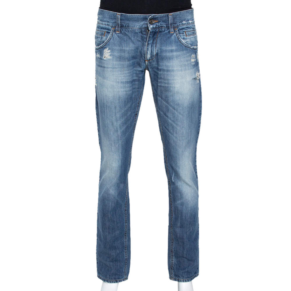 Pre Owned Dolce & Gabbana Blue Light Wash Denim Distressed Low Rise Jeans M