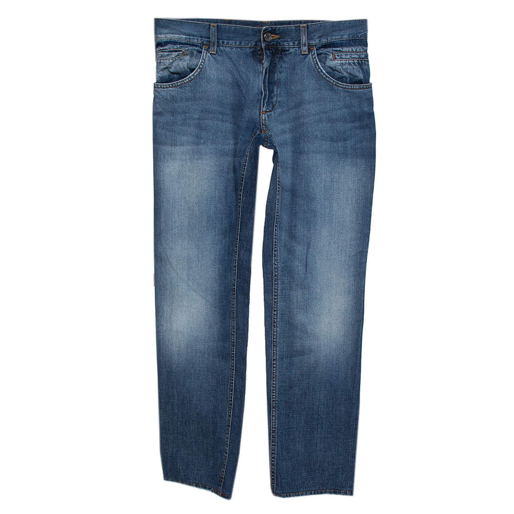 Pre Owned بنطلون جينز دولتشي أند غابانا مزين لوحة معدنية نمط ممزق دنيم مغسول أزرق فاتح مقاس وسط (ميديوم)