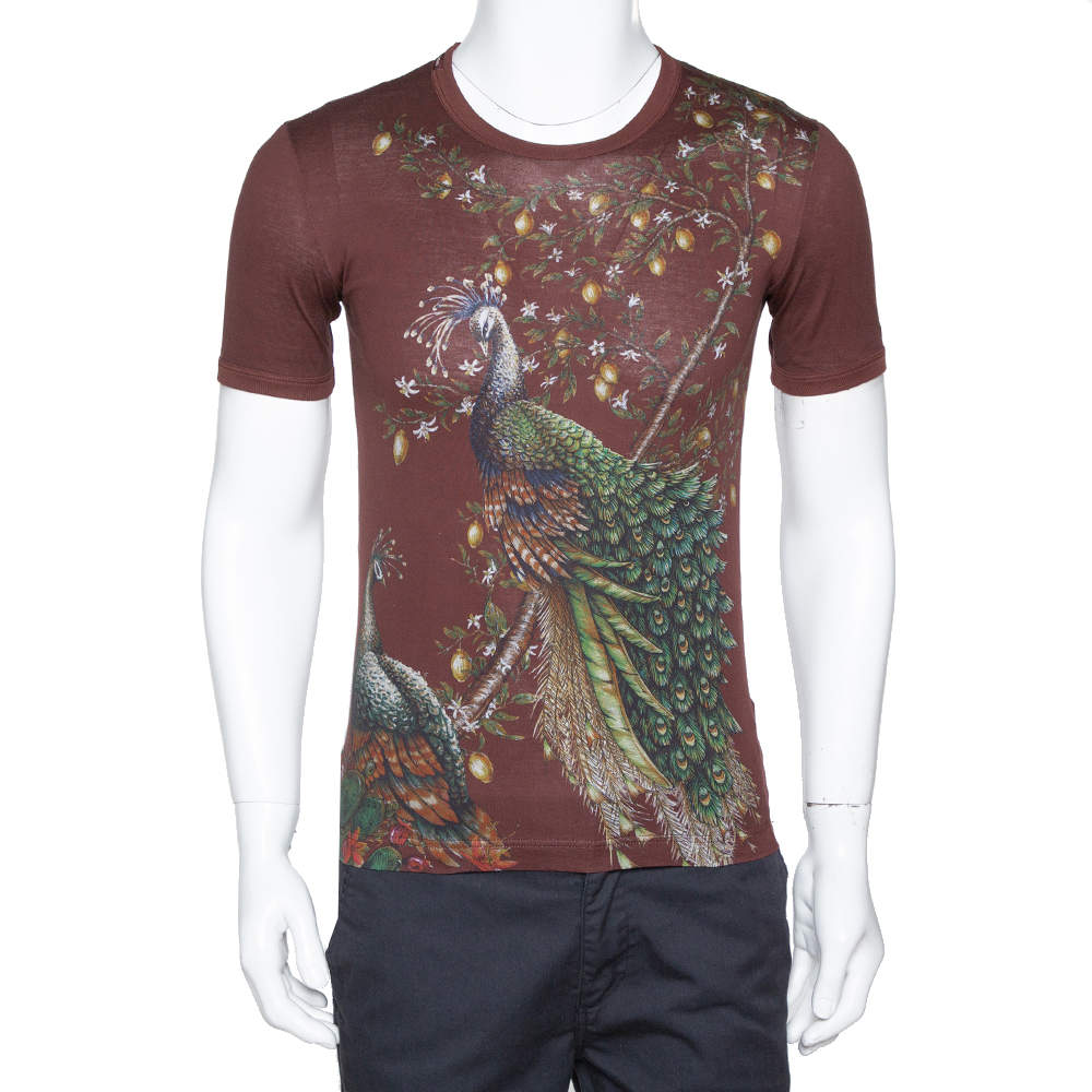 Dolce & Gabbana Bordeaux Peacock Print Cotton Crew Neck T-Shirt XS