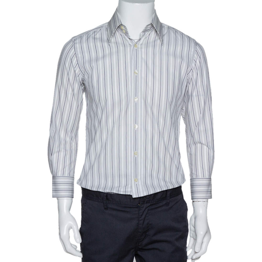 Dolce & Gabbana Pale Grey Striped Cotton Button Front Shirt S 