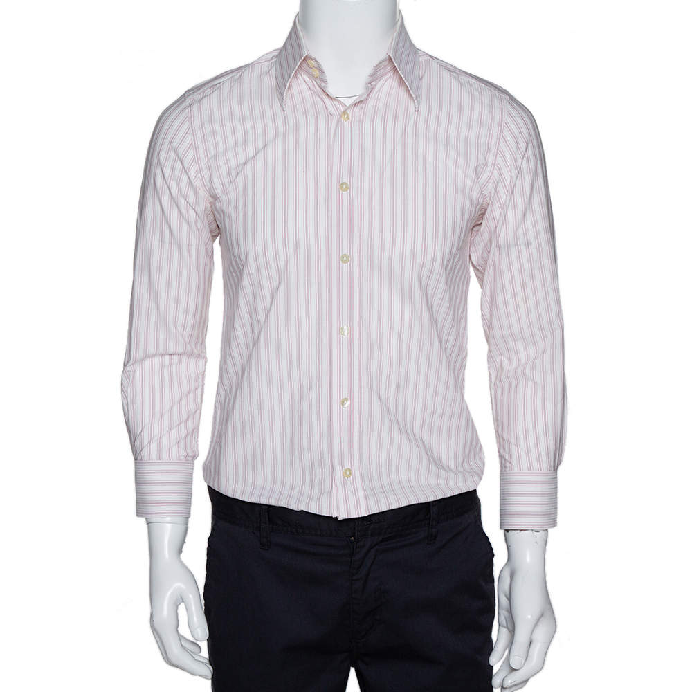 Pre Owned Dolce & Gabbana Pale Pink Striped Cotton Slim Fit Button Front Shirt M
