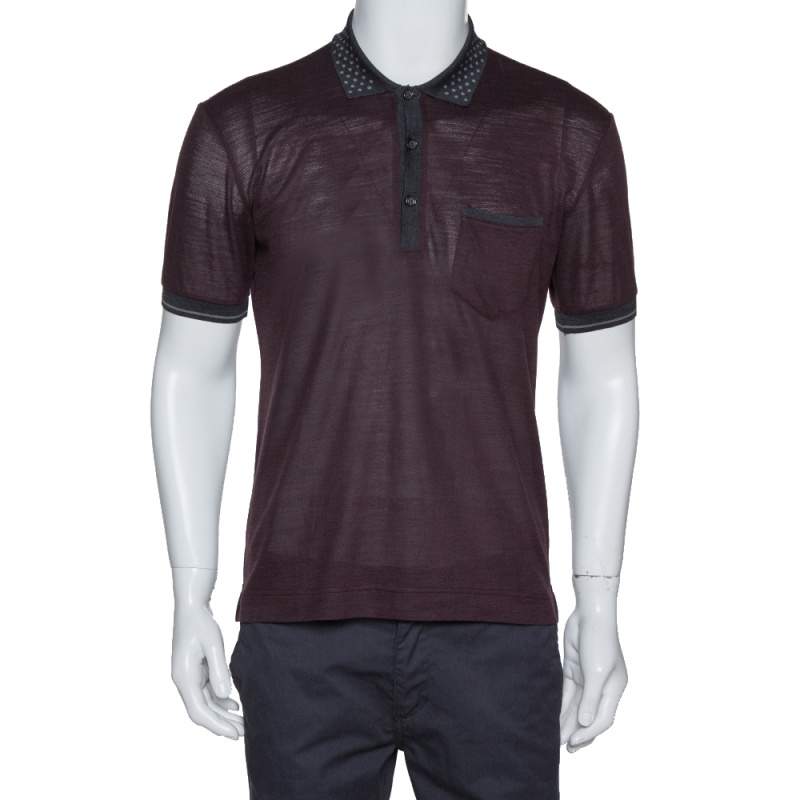Pre Owned Dolce & Gabbana Dark Brown Knit Polka Dot Collar Detail Polo T-Shirt S