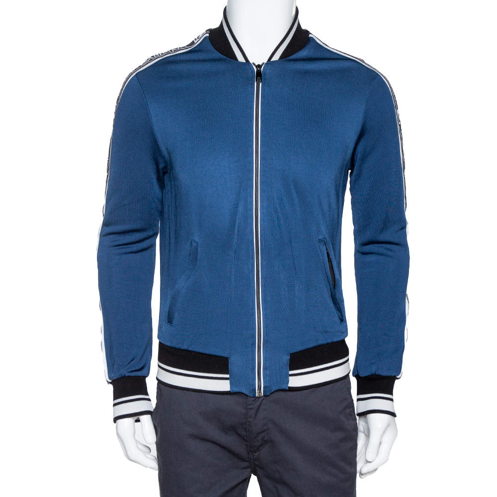 Pre Owned Dolce & Gabbana Blue Jersey Striped Logo Detail Zip Front Jacket S