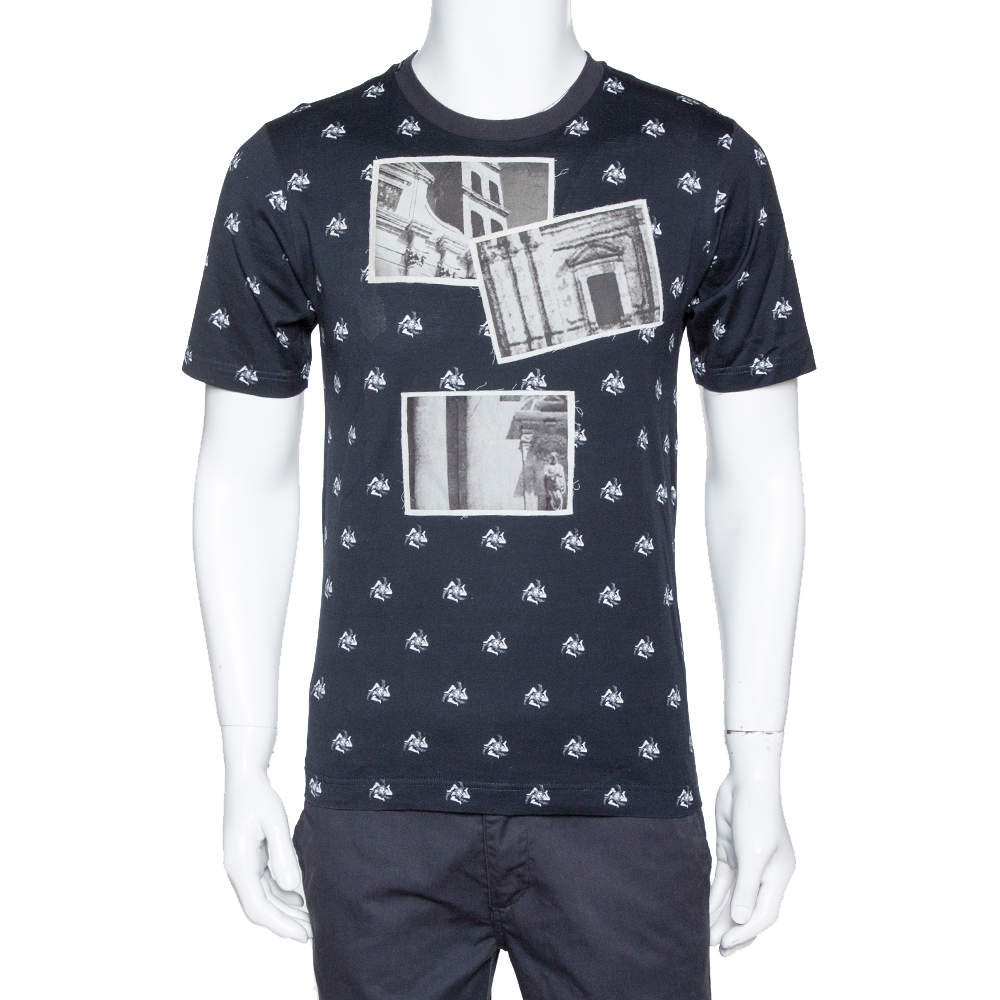 مملوكة مسبقًا تي شيرت دولتشي أند غابنا رقبة مستديرة مطبوع تجريدي قطن أزرق كحلي مقاس صغير جداً (اكس سمول)