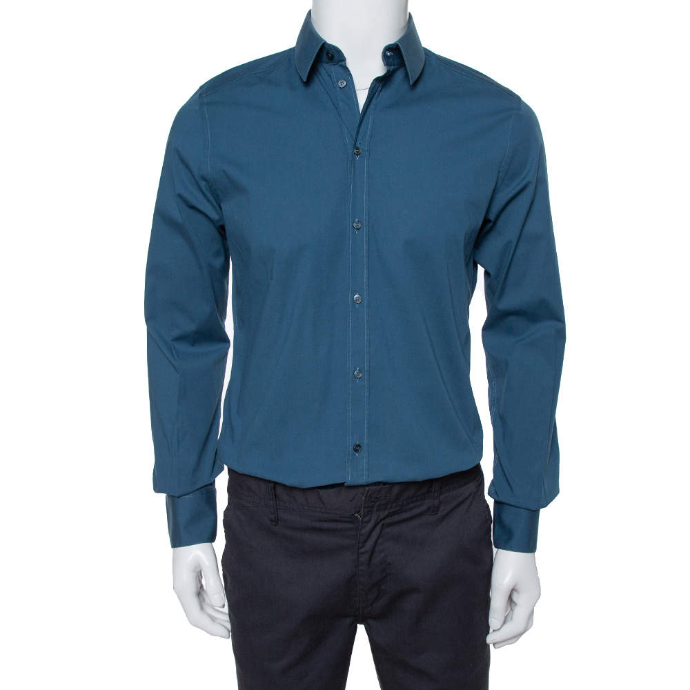 Pre Owned قميص دولتشي أند غابانا أزرار أمامية قطن سترتش أزرق مخضر ذهبي متوسط