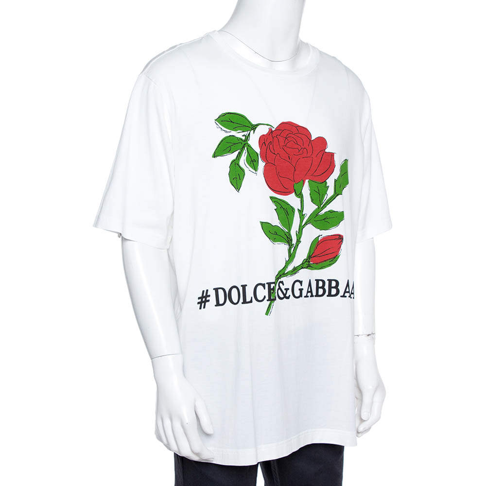 Dolce & Gabbana White Cotton Jersey Rose Print T-Shirt 4XL Dolce 
