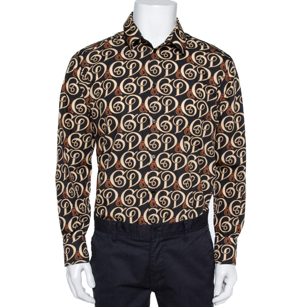 Pre Owned Dolce & Gabbana Gold Black Logo Print Cotton Button Front Shirt XXL