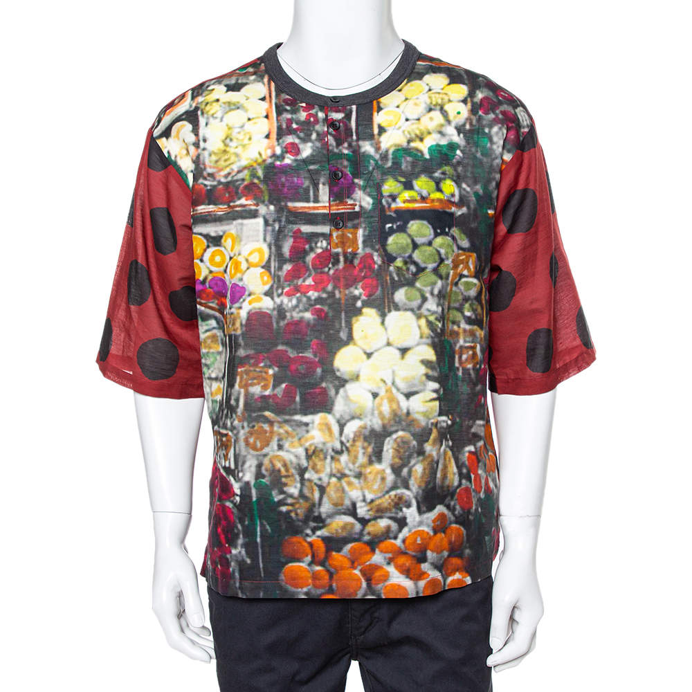 Pre Owned تي شيرت دولتشي أند غابانا كبير نصف أزرار كتان طباعة متعدد الألوان عنابي مقاس صغير جداً