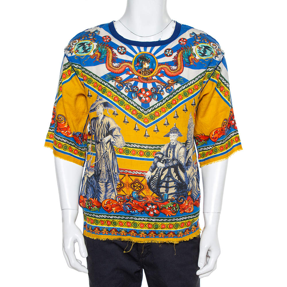 Pre Owned Dolce & Gabbana Multicolor Abstract Printed Linen Fray Detail Oversized T-Shirt XS
