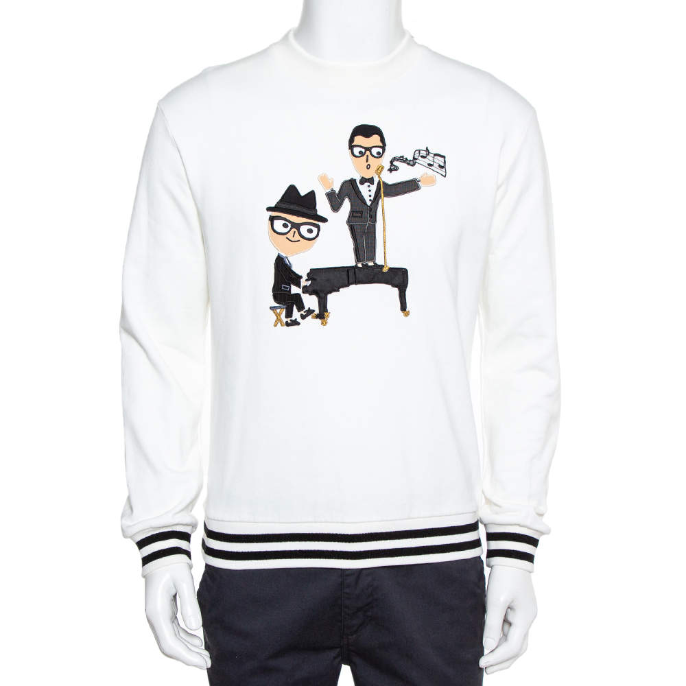 Pre Owned Dolce & Gabbana White Knit Stefano & Domenico Piano Player Applique Sweatshirt S