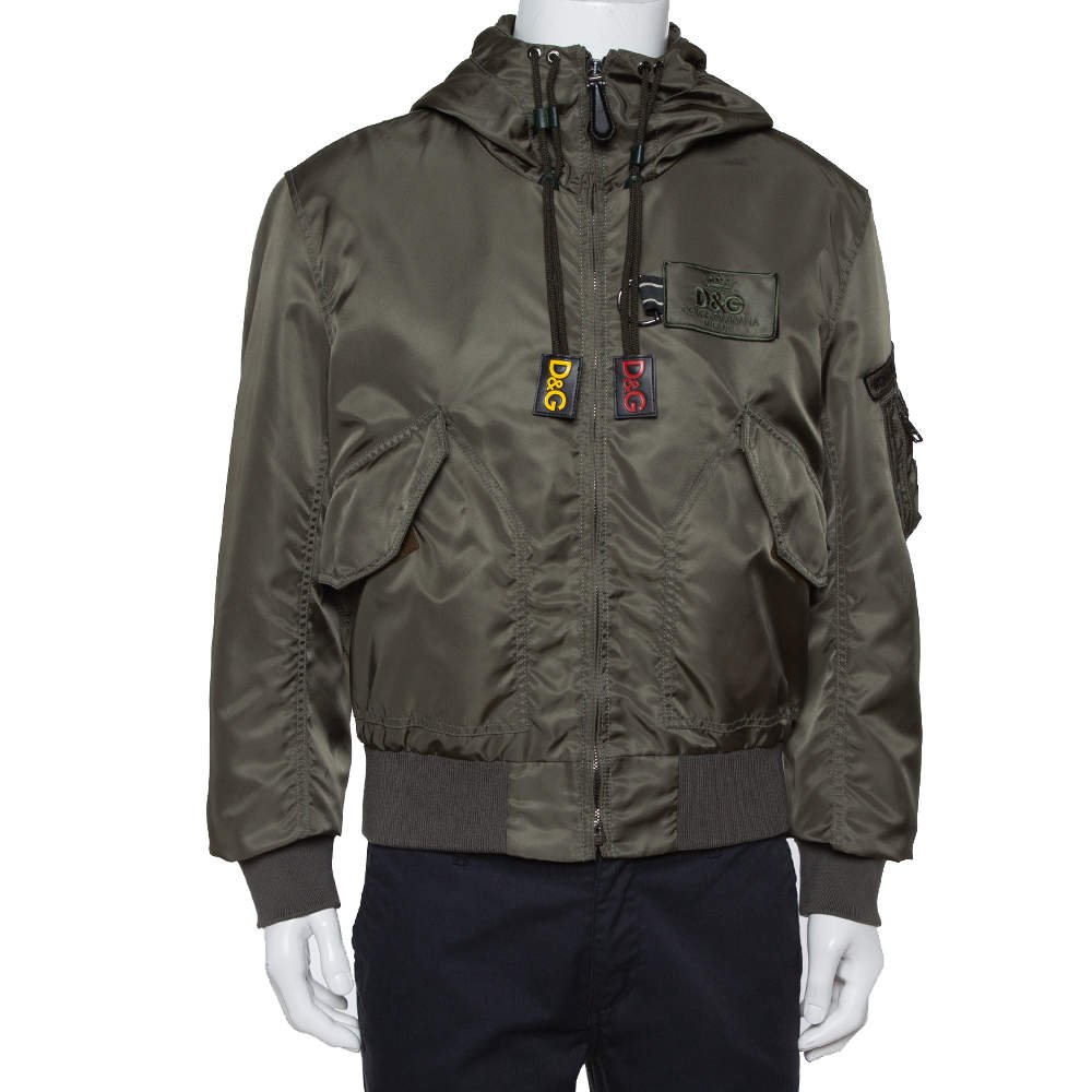 Pre Owned Dolce & Gabbana Dark Green Synthetic Cargo Pocket Detail Hooded Jacket M