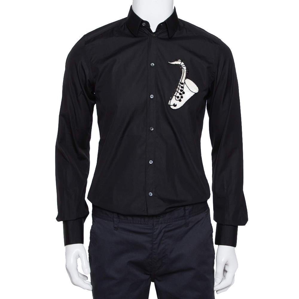 Pre Owned قميص دولتشي أند غابانا جاز قطن أسود مزخرف ترتر مقاس متوسط - ميديوم