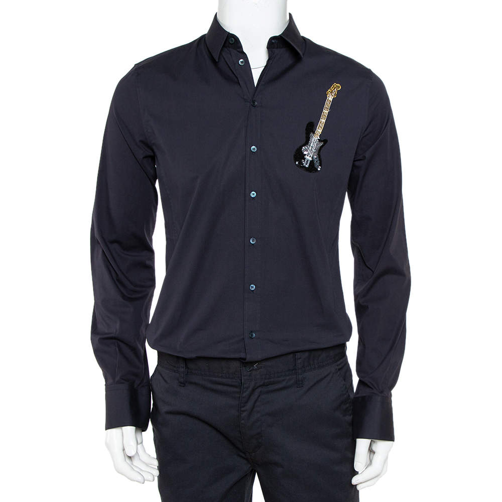 Pre Owned Dolce & Gabbana Navy Blue Cotton Sequin Embellished Guitar Applique Sicilia Shirt L