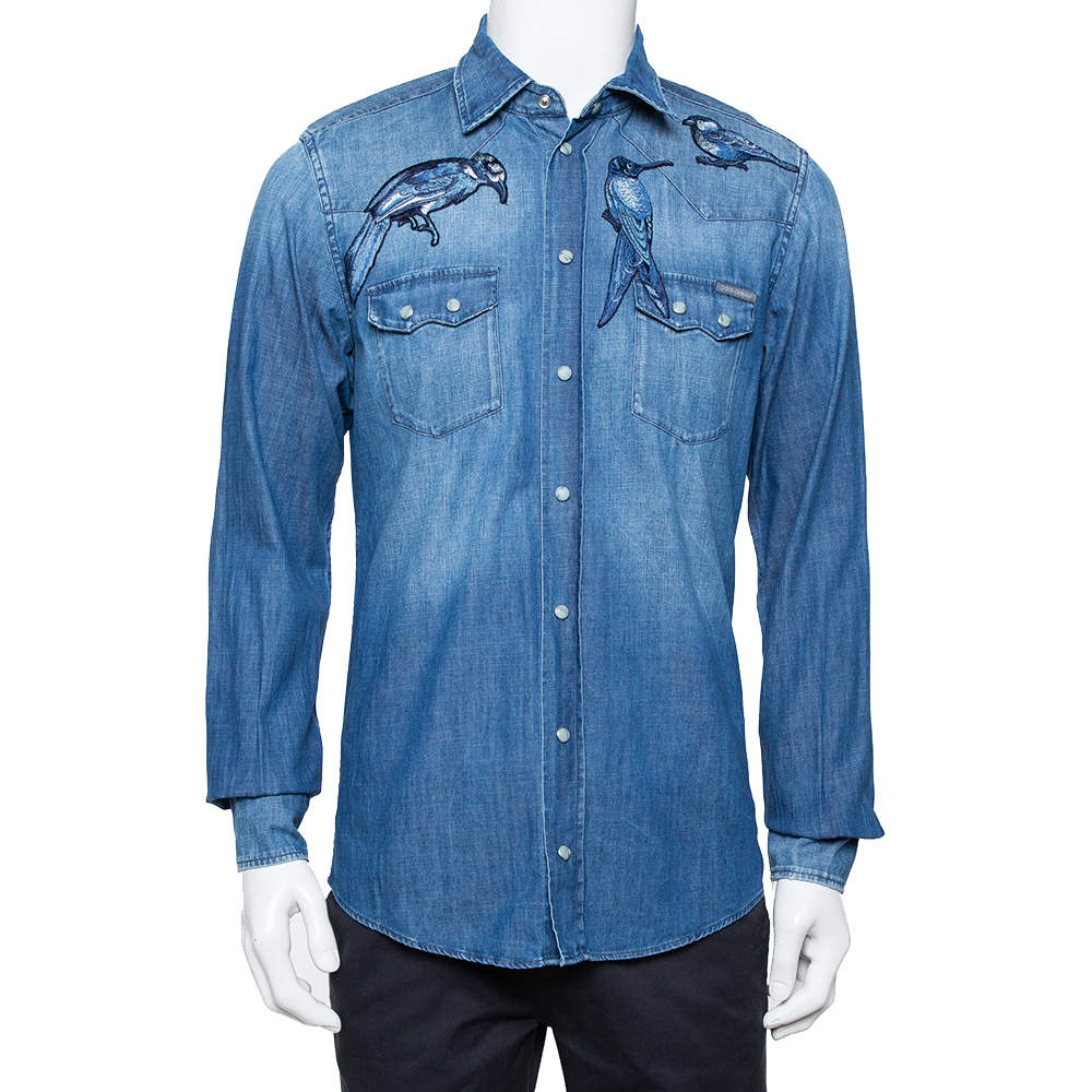 Pre Owned Dolce & Gabbana Navy Blue Faded Denim Bird Patch Applique Detail Shirt L